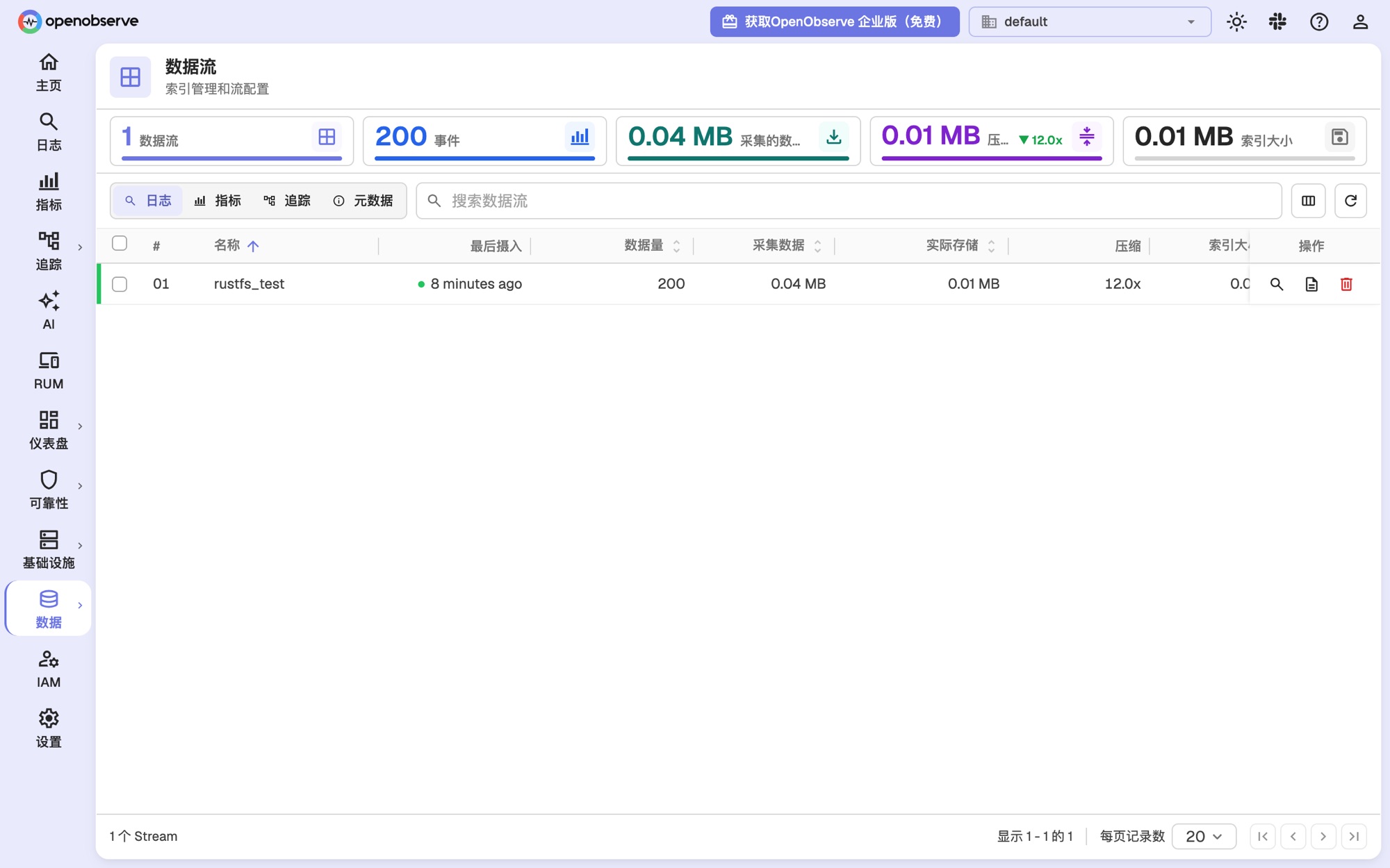 OpenObserve 中 rustfs_test 流的统计信息