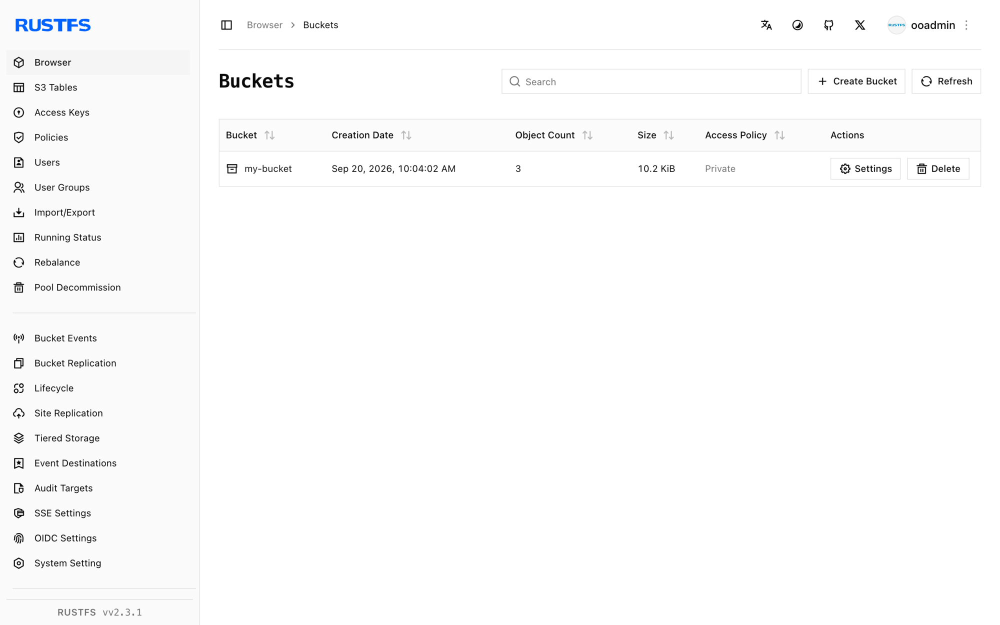 Le bucket my-bucket dans la console RustFS