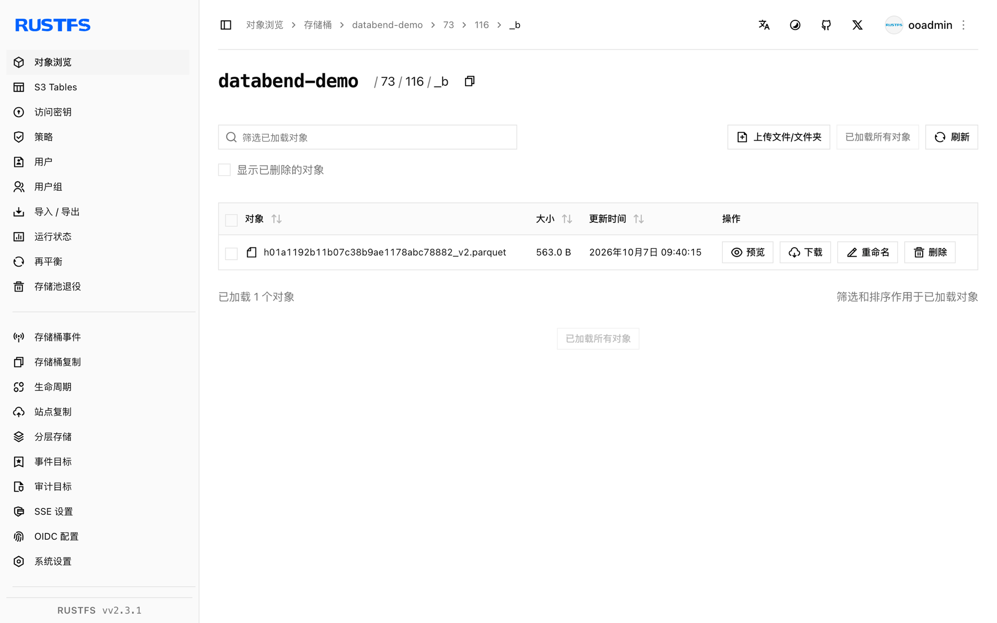 存储在 RustFS 控制台中的 Databend Parquet 文件