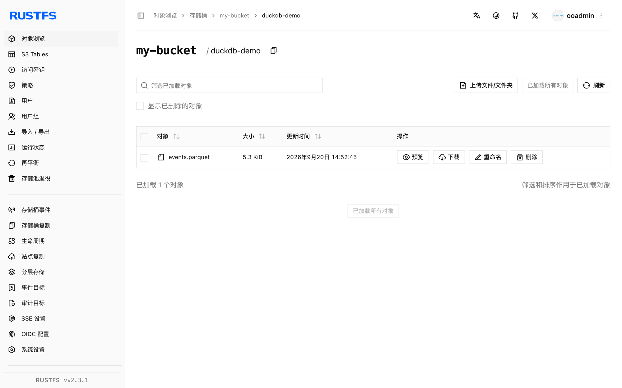 RustFS 控制台中的 duckdb-demo 前缀