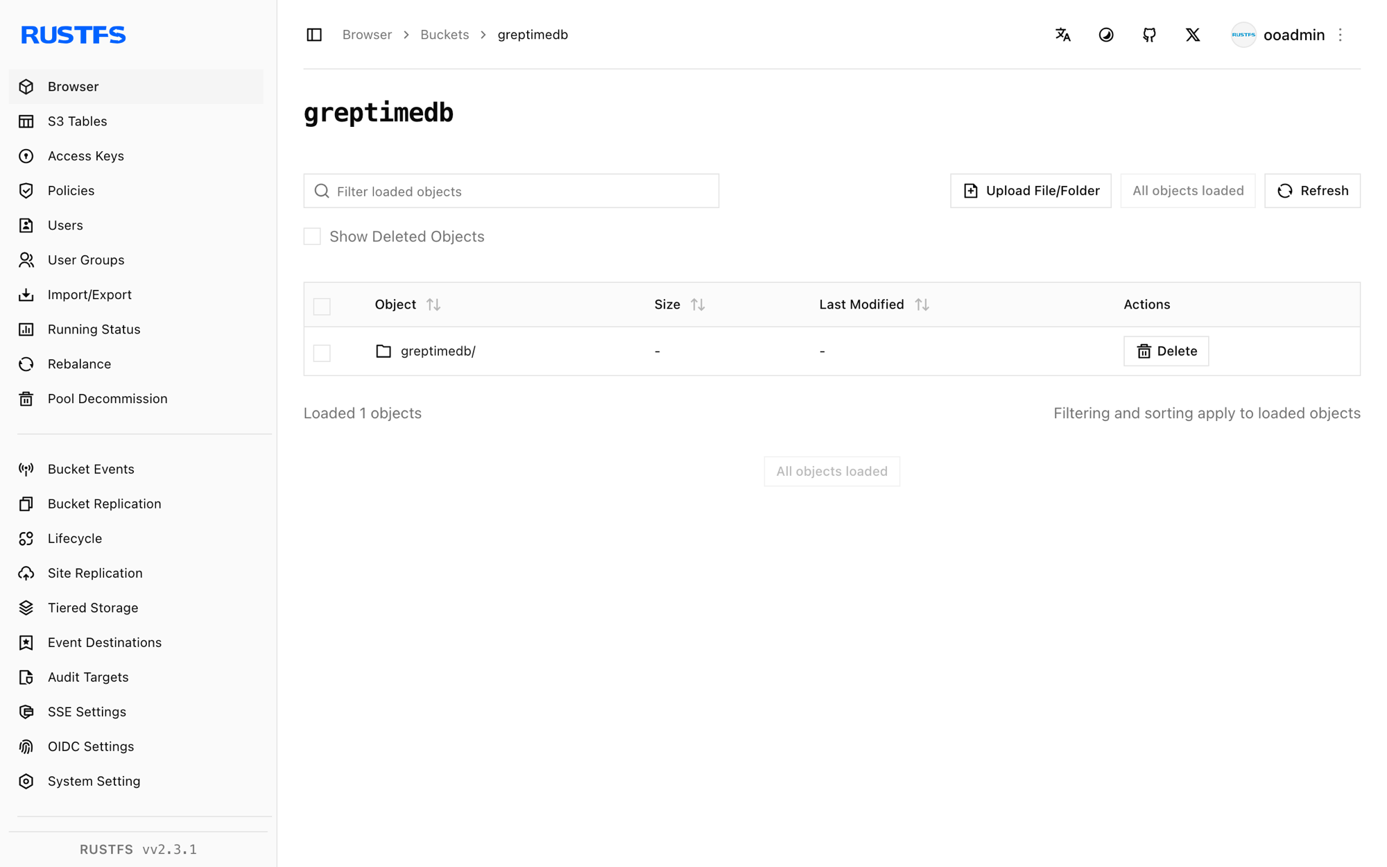 GreptimeDB data stored in the RustFS Console