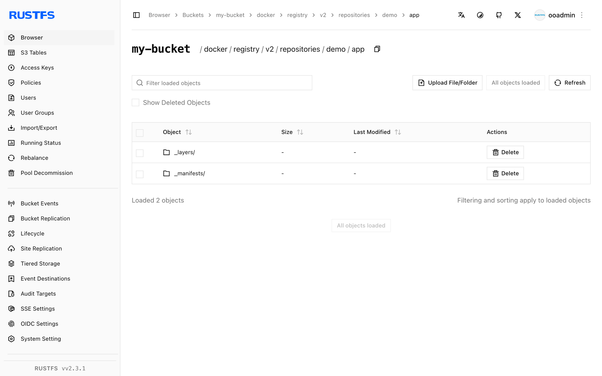 Les métadonnées du dépôt de l'image poussée dans la console RustFS