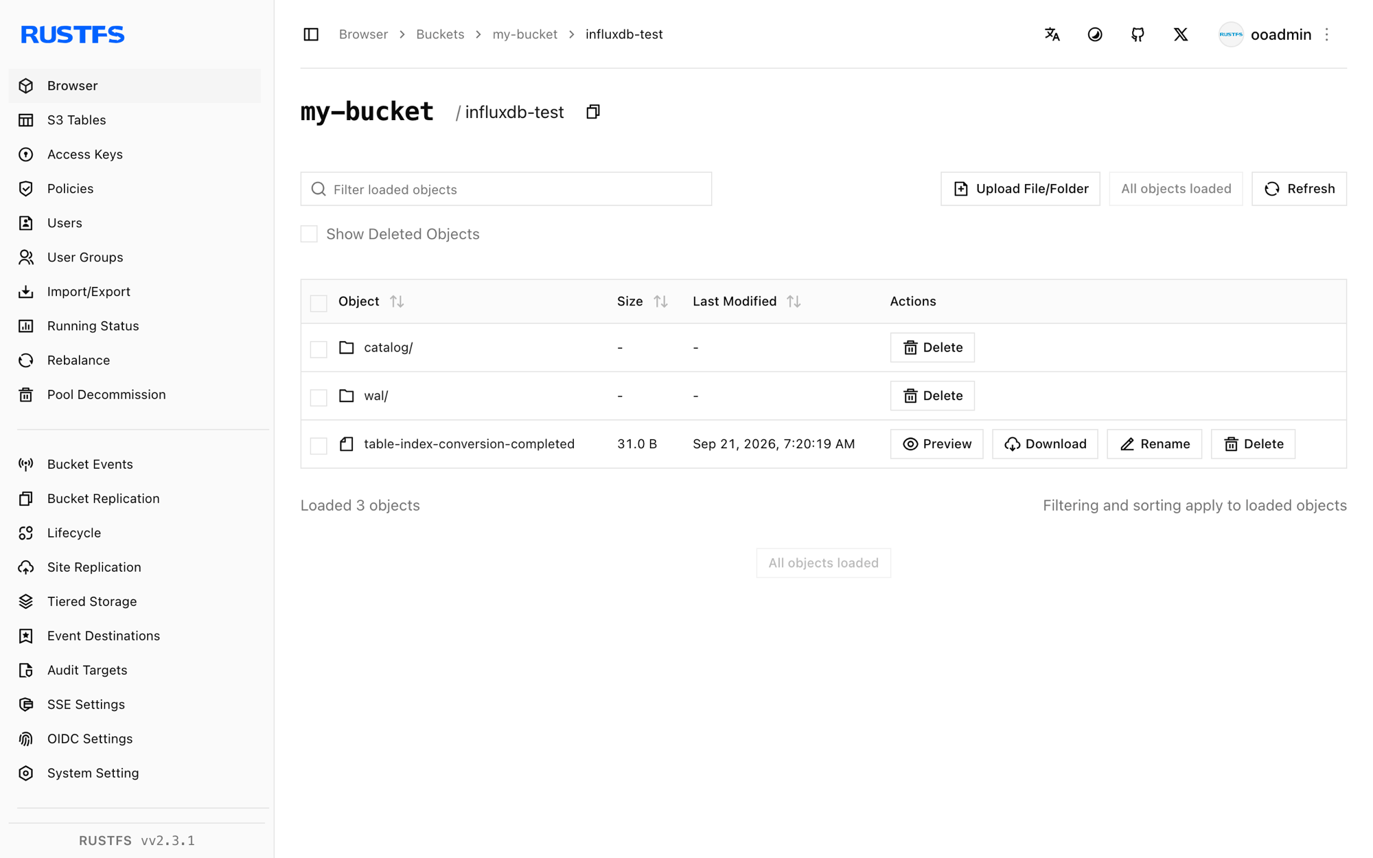 Le préfixe du nœud InfluxDB stocké dans la console RustFS