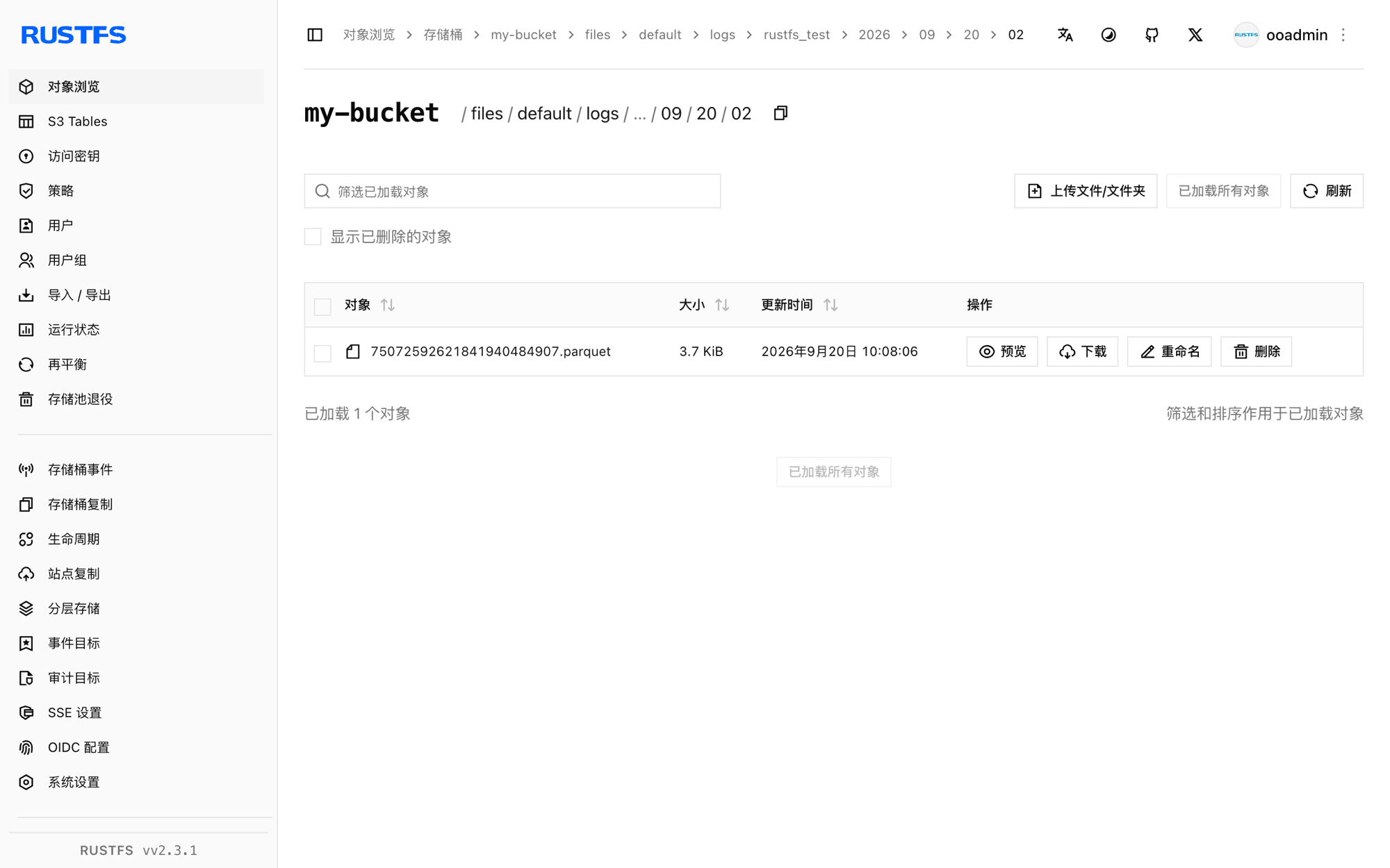 RustFS 控制台中 OpenObserve 写入的 Parquet 数据文件