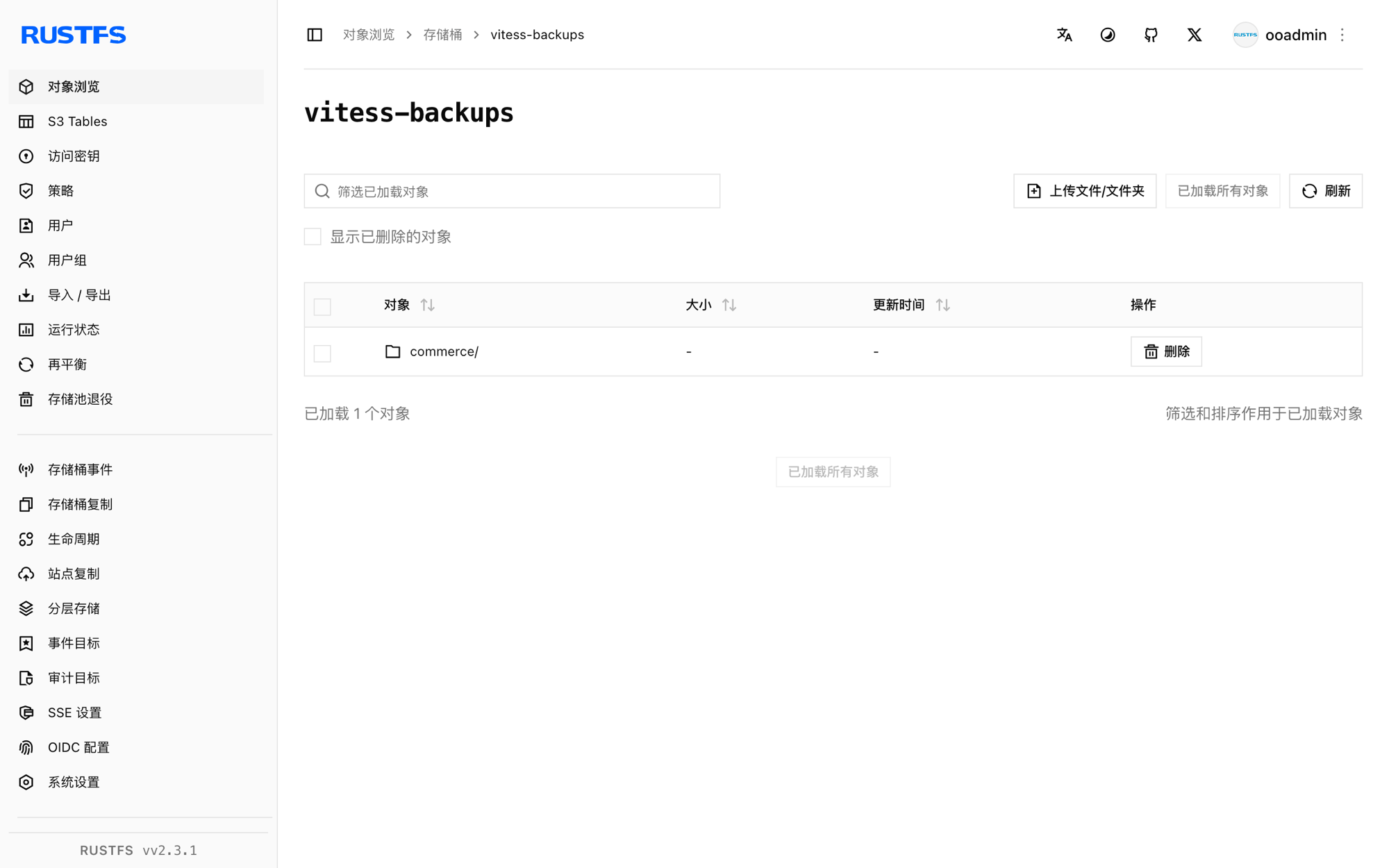 存储在 RustFS 控制台中的 Vitess 备份文件