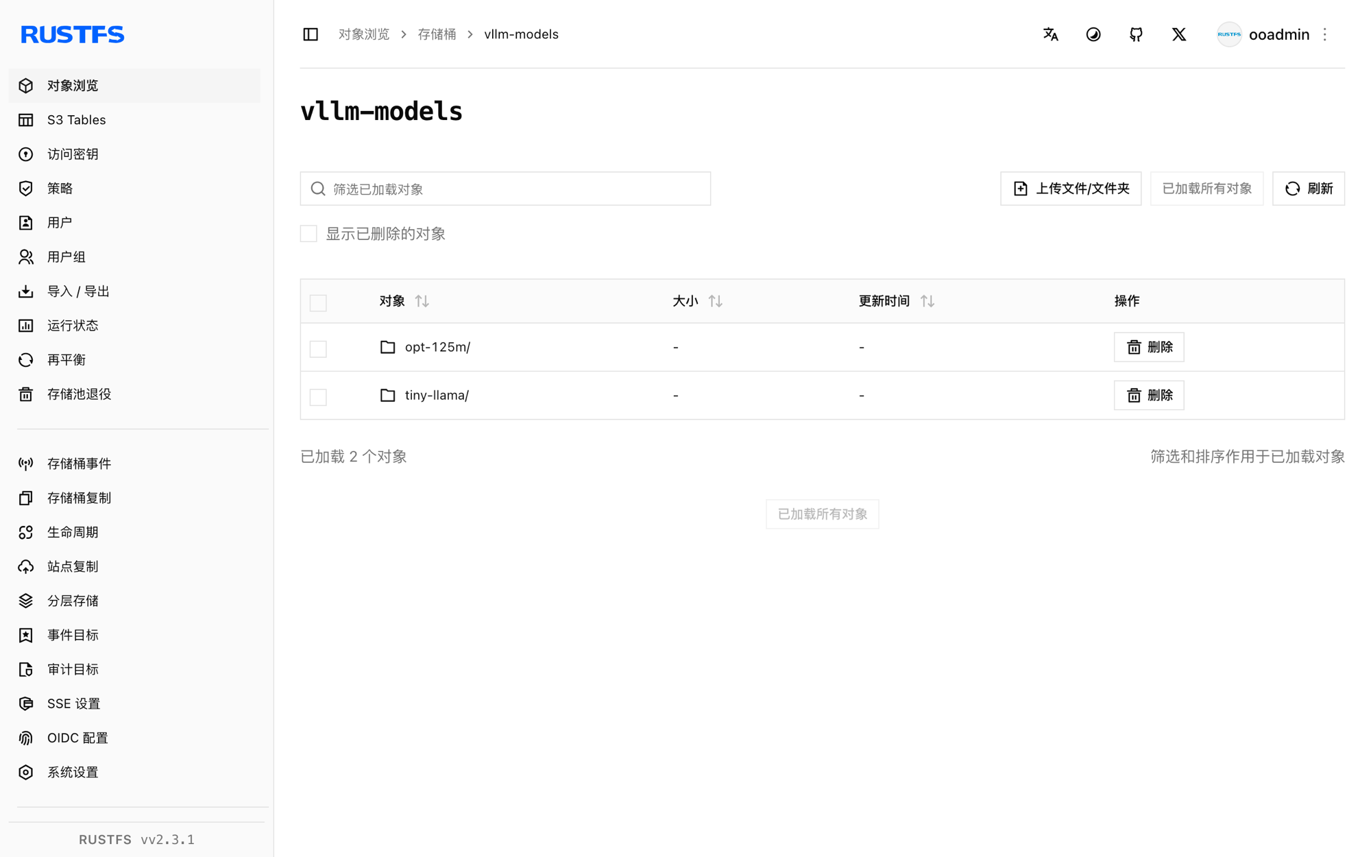 存储在 RustFS 控制台中的 vLLM 模型权重
